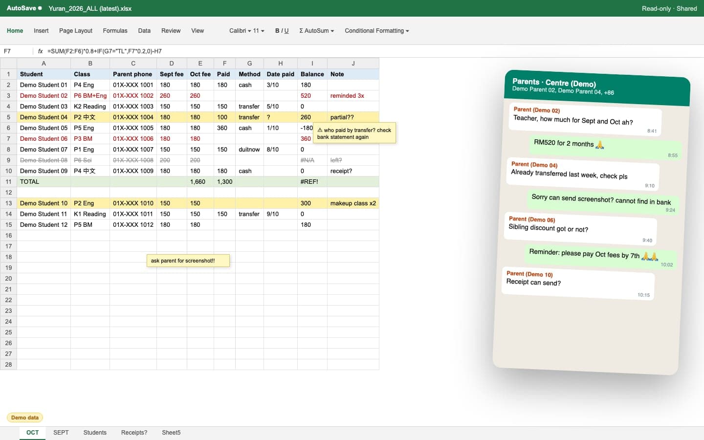 Tuition fees tracked in an Excel sheet and WhatsApp messages