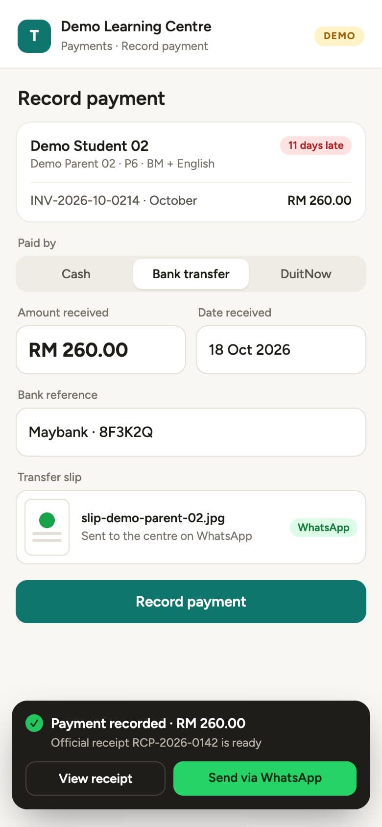 Recording a parent's bank transfer on a phone, then sending the official receipt on WhatsApp (demo data)