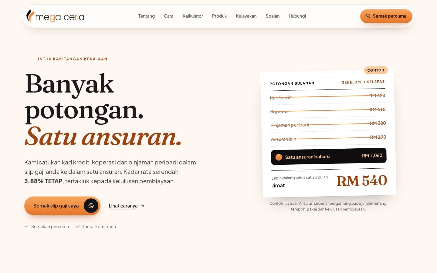 megaceria.my hero on desktop: many payslip deductions flow into one instalment